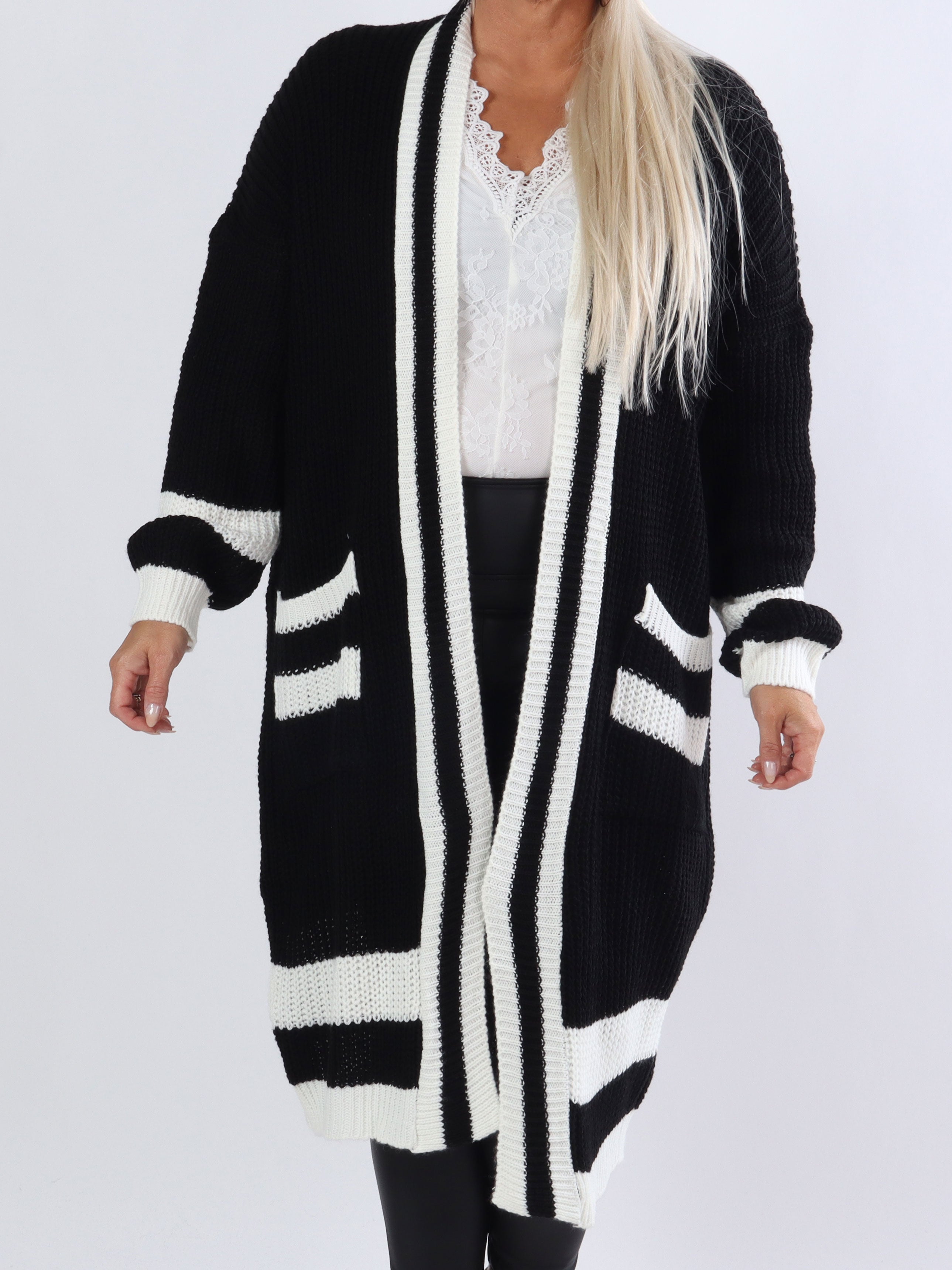 Kit - Lang plus size cardigan i strik med hvid stribe